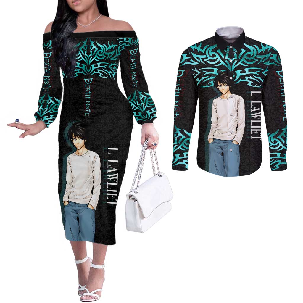 L Lawliet Death Note Couples Matching Off The Shoulder Long Sleeve Dress and Long Sleeve Button Shirt Tribal Anime Fusion Style