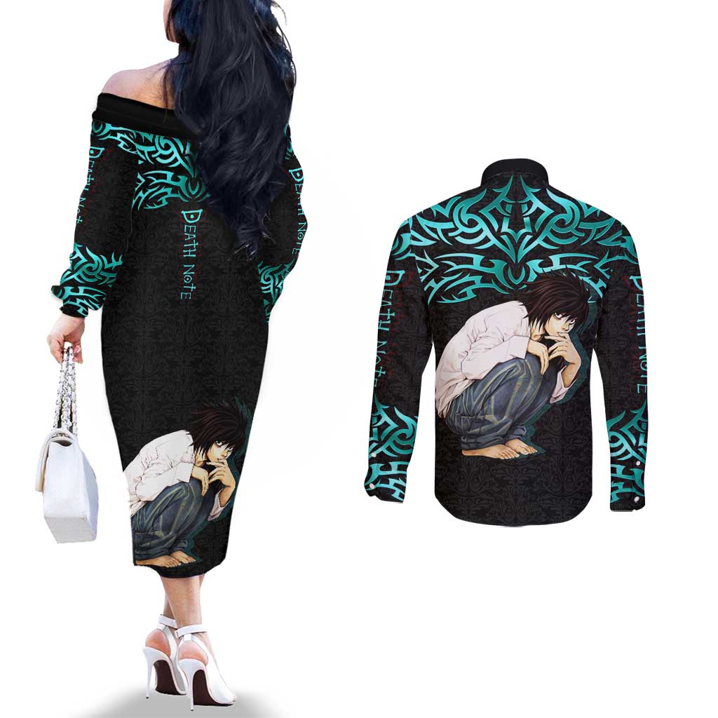 L Lawliet Death Note Couples Matching Off The Shoulder Long Sleeve Dress and Long Sleeve Button Shirt Tribal Anime Fusion Style