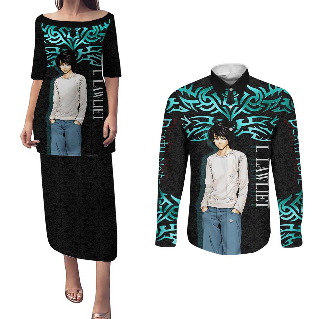 L Lawliet Death Note Couples Matching Puletasi and Long Sleeve Button Shirt Tribal Anime Fusion Style