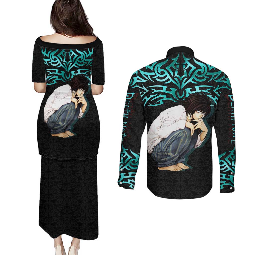 L Lawliet Death Note Couples Matching Puletasi and Long Sleeve Button Shirt Tribal Anime Fusion Style