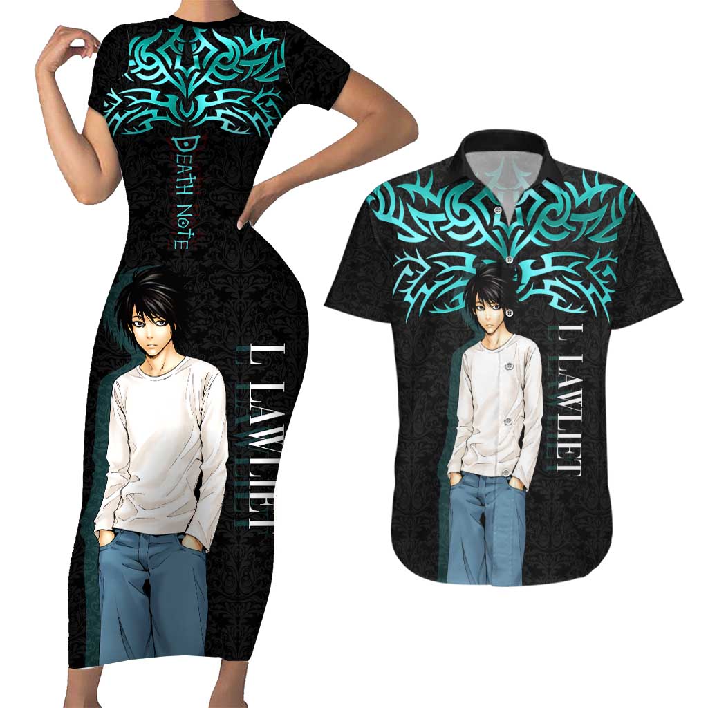 L Lawliet Death Note Couples Matching Short Sleeve Bodycon Dress and Hawaiian Shirt Tribal Anime Fusion Style