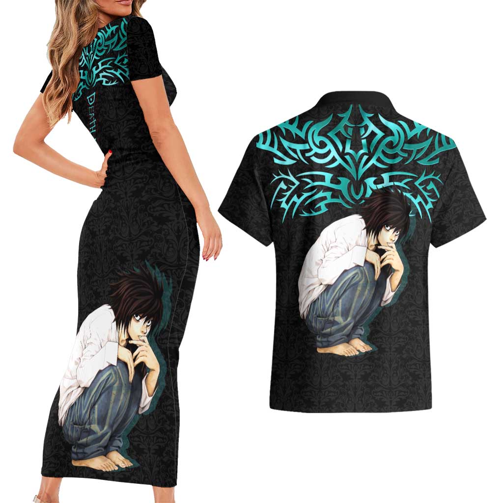 L Lawliet Death Note Couples Matching Short Sleeve Bodycon Dress and Hawaiian Shirt Tribal Anime Fusion Style