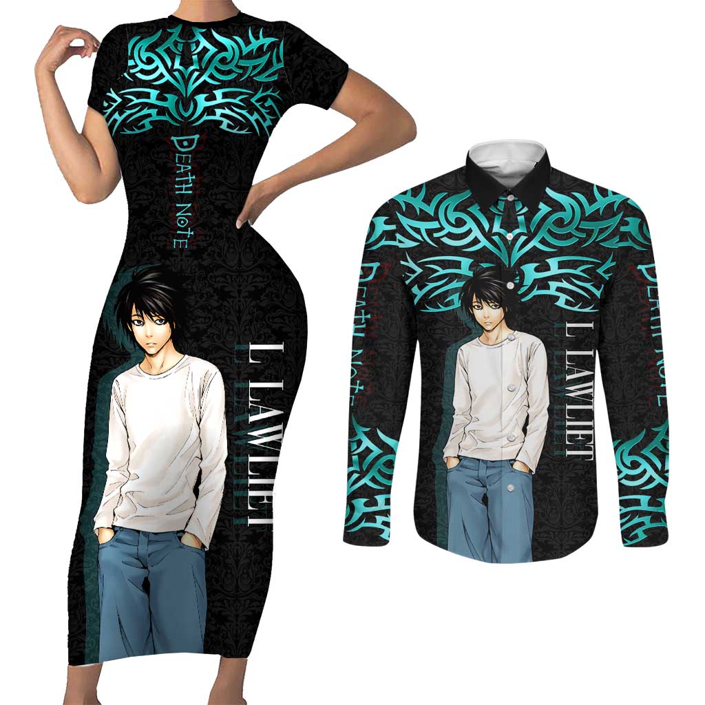 L Lawliet Death Note Couples Matching Short Sleeve Bodycon Dress and Long Sleeve Button Shirt Tribal Anime Fusion Style