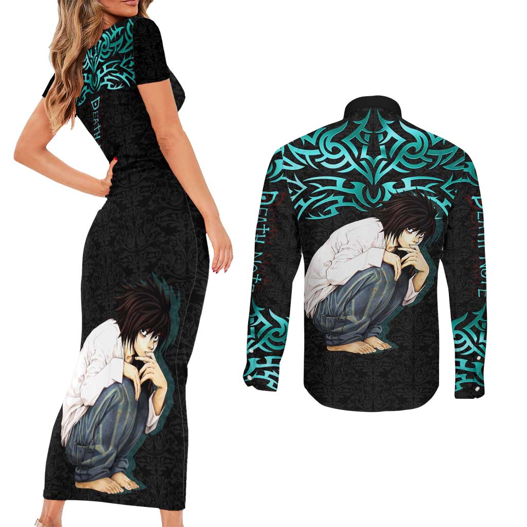 L Lawliet Death Note Couples Matching Short Sleeve Bodycon Dress and Long Sleeve Button Shirt Tribal Anime Fusion Style
