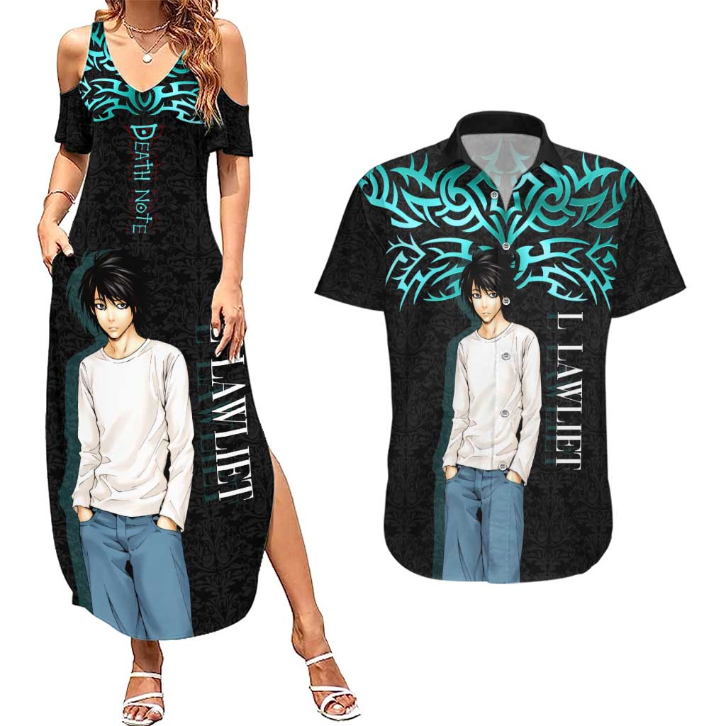 L Lawliet Death Note Couples Matching Summer Maxi Dress and Hawaiian Shirt Tribal Anime Fusion Style