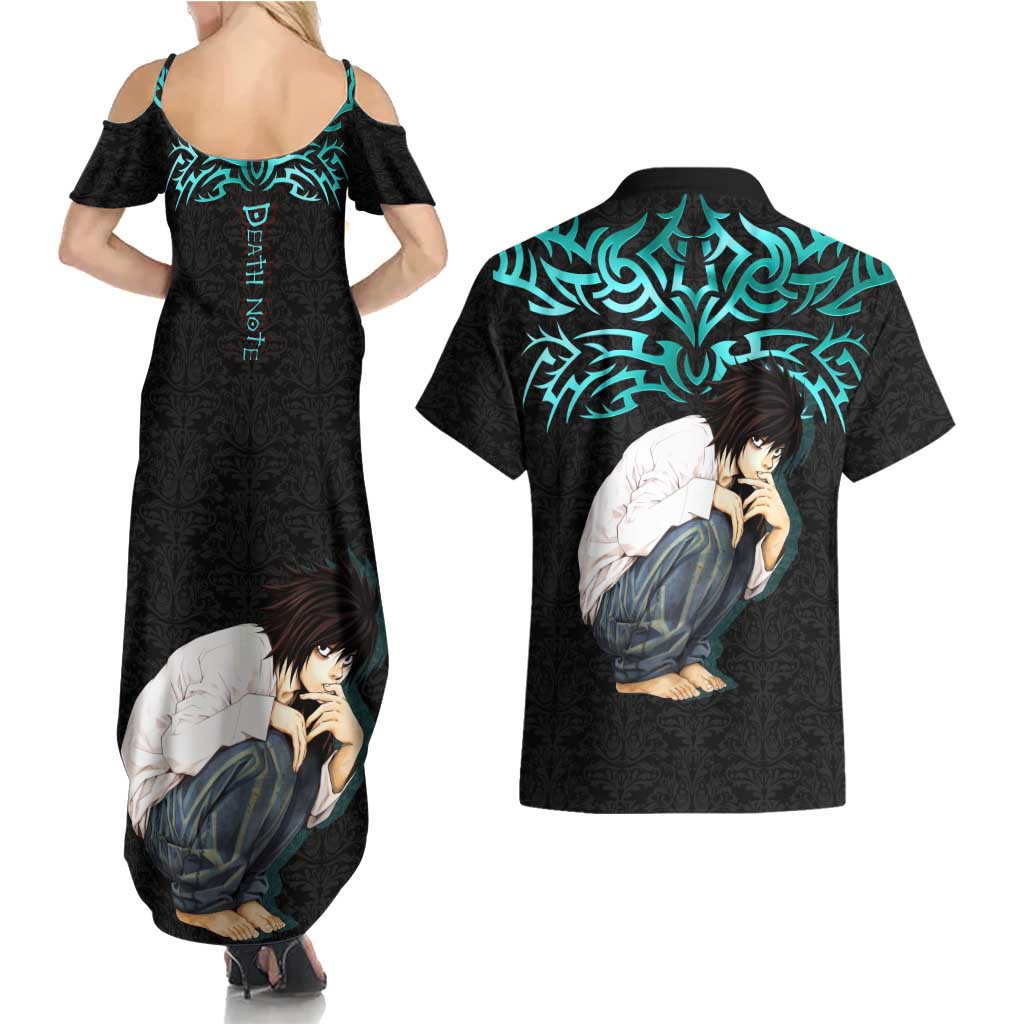 L Lawliet Death Note Couples Matching Summer Maxi Dress and Hawaiian Shirt Tribal Anime Fusion Style