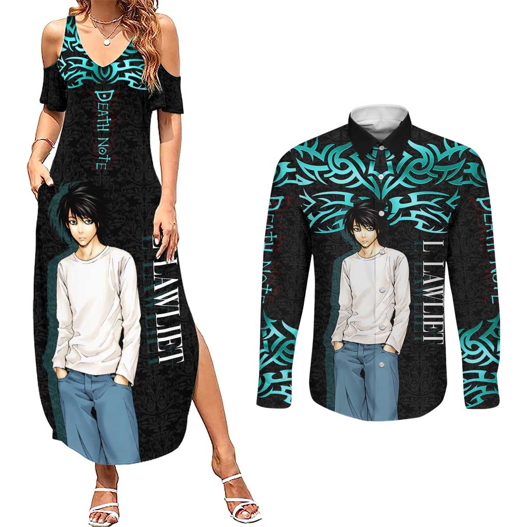 L Lawliet Death Note Couples Matching Summer Maxi Dress and Long Sleeve Button Shirt Tribal Anime Fusion Style
