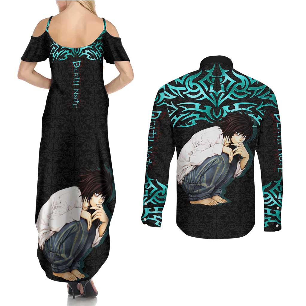 L Lawliet Death Note Couples Matching Summer Maxi Dress and Long Sleeve Button Shirt Tribal Anime Fusion Style