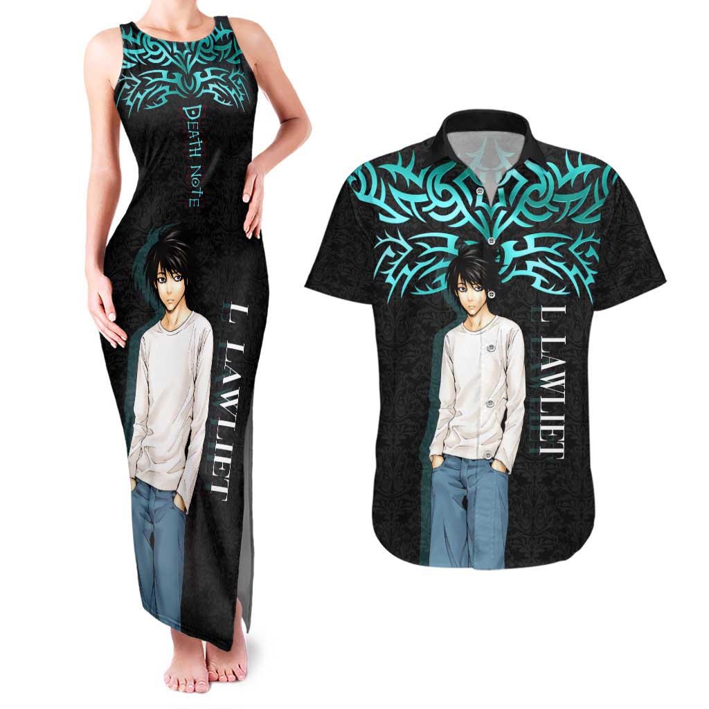 L Lawliet Death Note Couples Matching Tank Maxi Dress and Hawaiian Shirt Tribal Anime Fusion Style