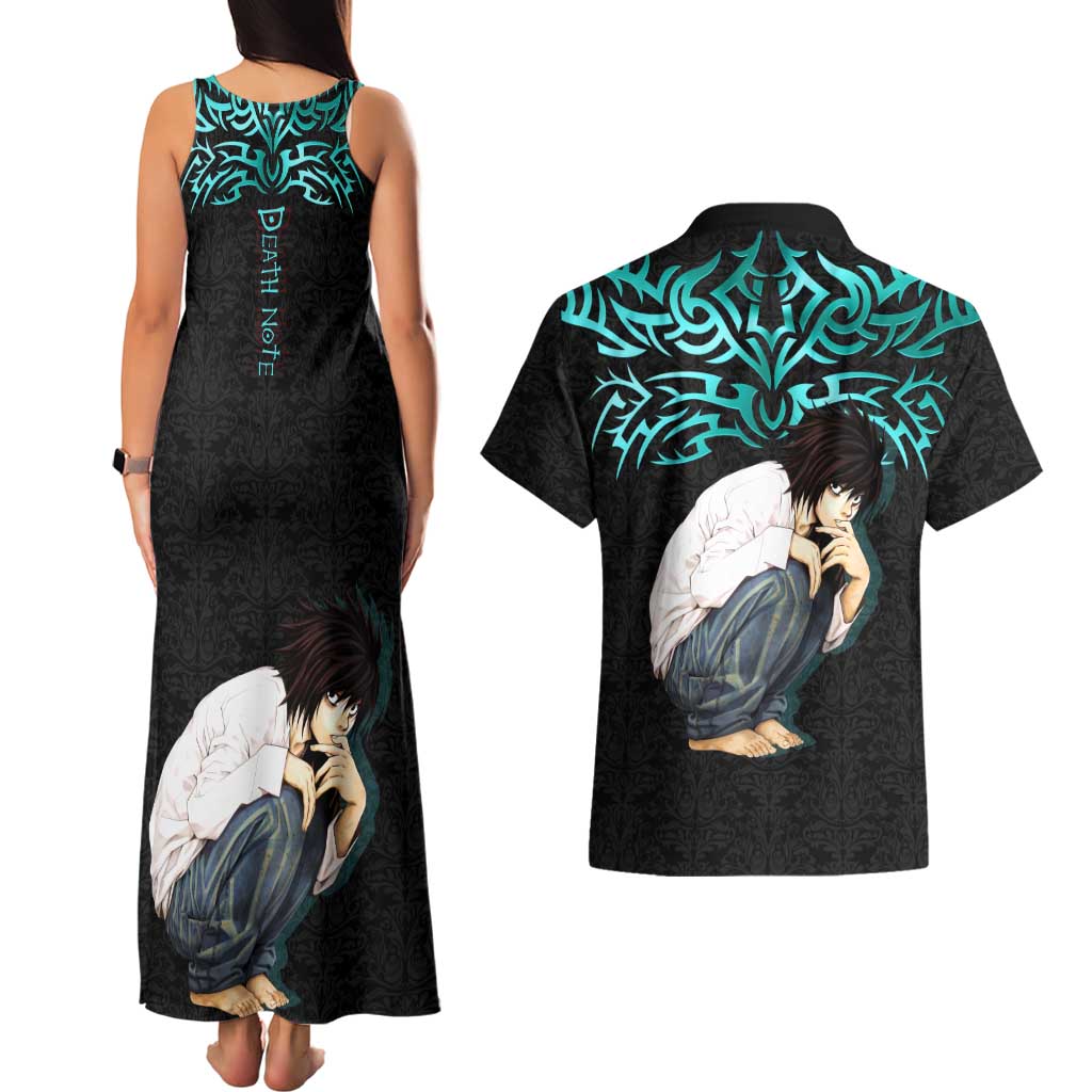 L Lawliet Death Note Couples Matching Tank Maxi Dress and Hawaiian Shirt Tribal Anime Fusion Style