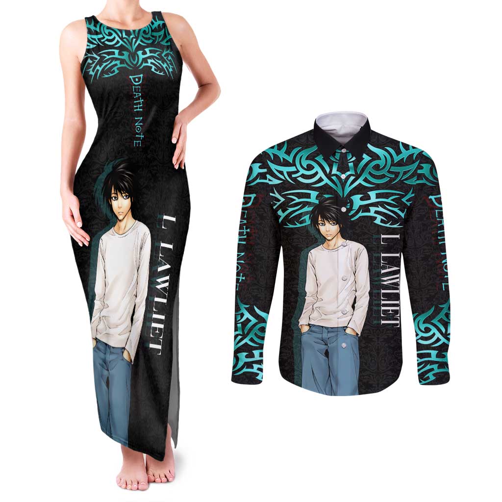 L Lawliet Death Note Couples Matching Tank Maxi Dress and Long Sleeve Button Shirt Tribal Anime Fusion Style