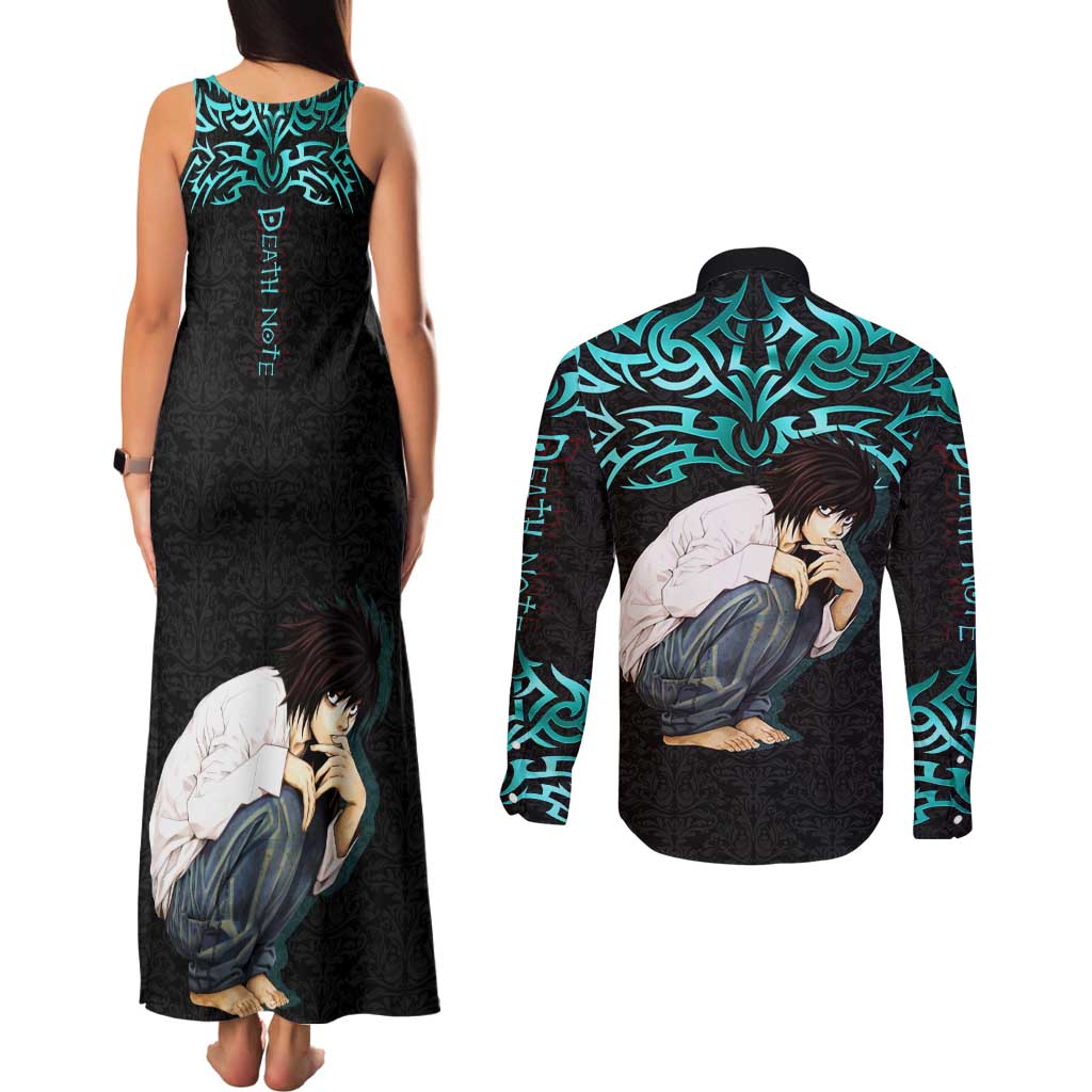 L Lawliet Death Note Couples Matching Tank Maxi Dress and Long Sleeve Button Shirt Tribal Anime Fusion Style