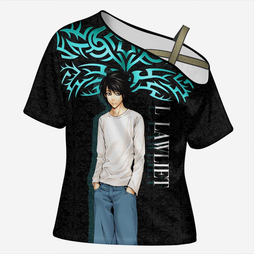 L Lawliet Death Note Cross Shoulder Shirt Tribal Anime Fusion Style