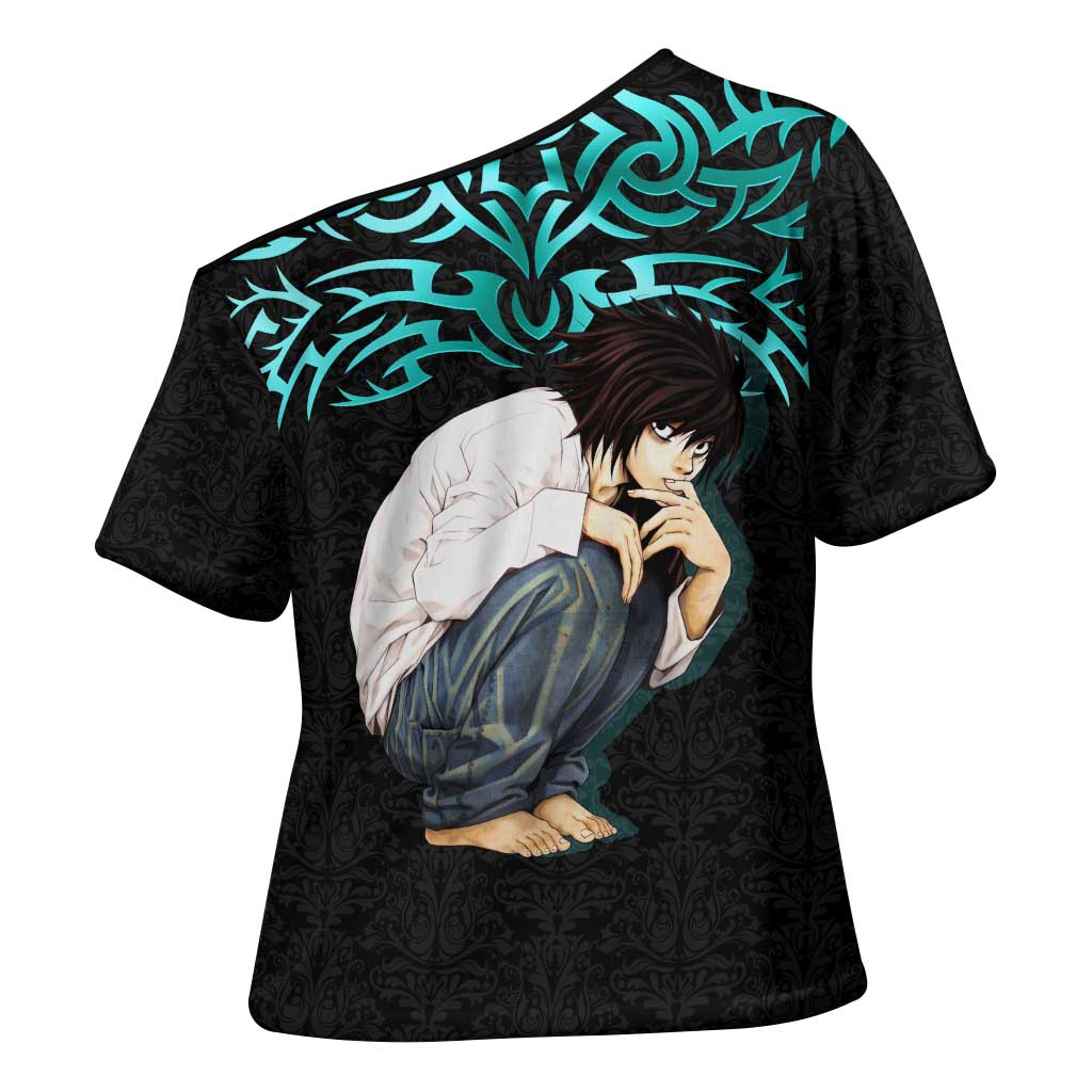 L Lawliet Death Note Cross Shoulder Shirt Tribal Anime Fusion Style