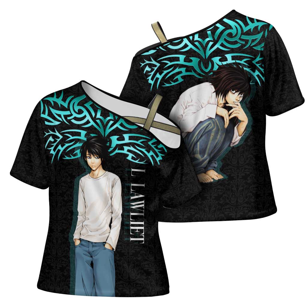 L Lawliet Death Note Cross Shoulder Shirt Tribal Anime Fusion Style