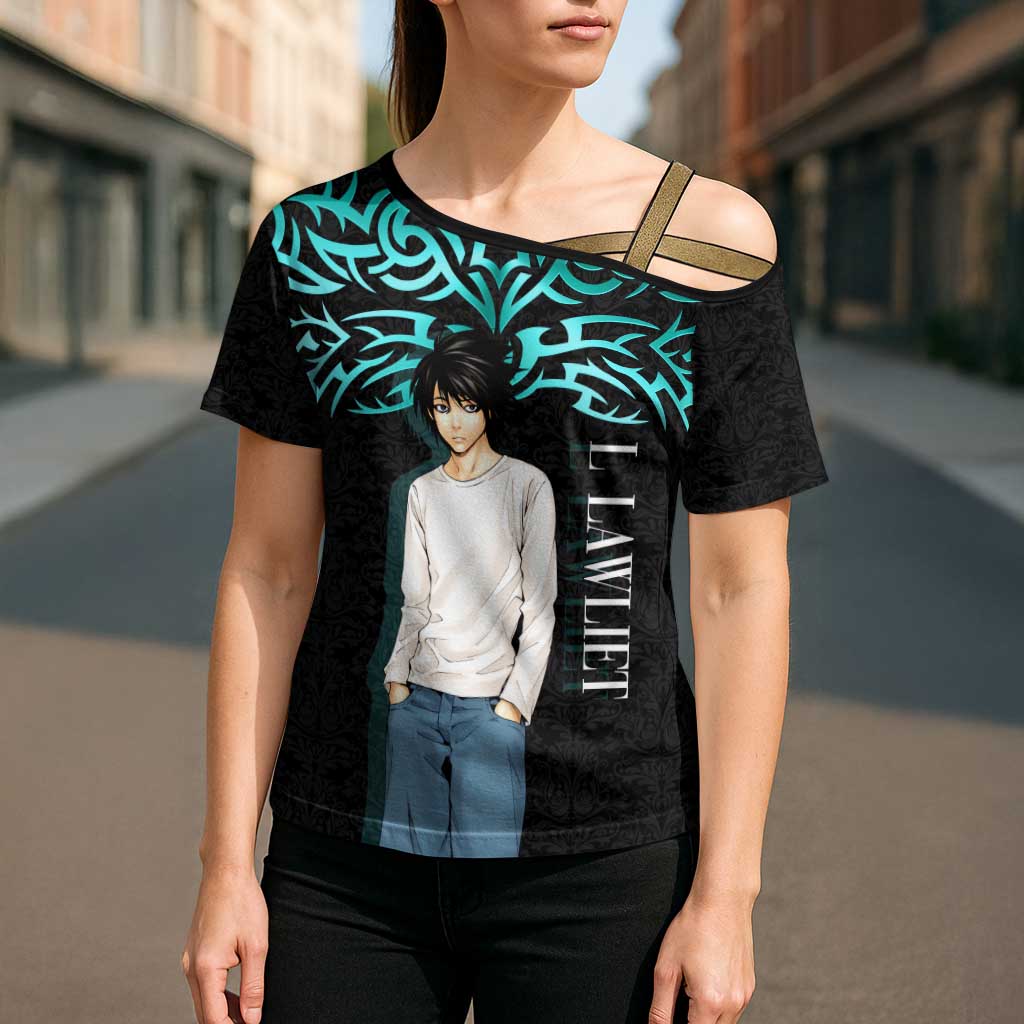 L Lawliet Death Note Cross Shoulder Shirt Tribal Anime Fusion Style