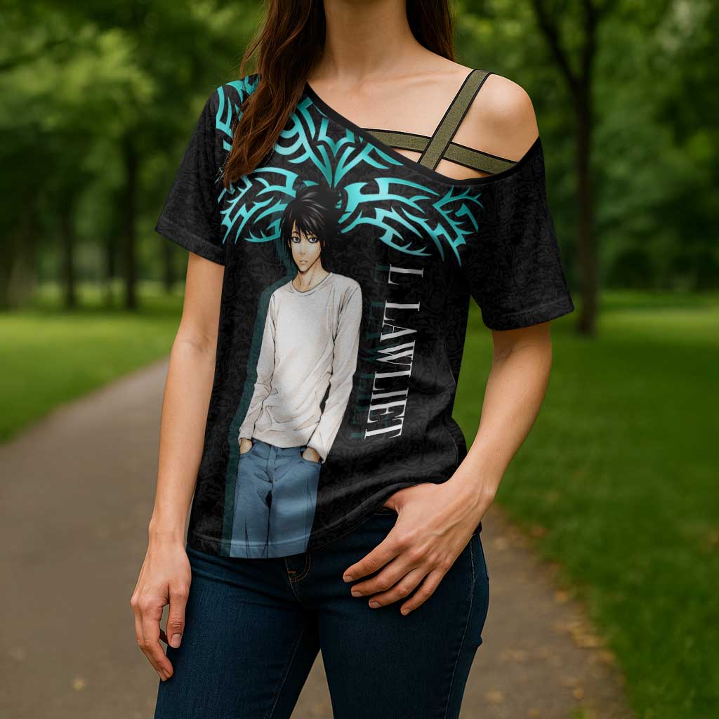 L Lawliet Death Note Cross Shoulder Shirt Tribal Anime Fusion Style