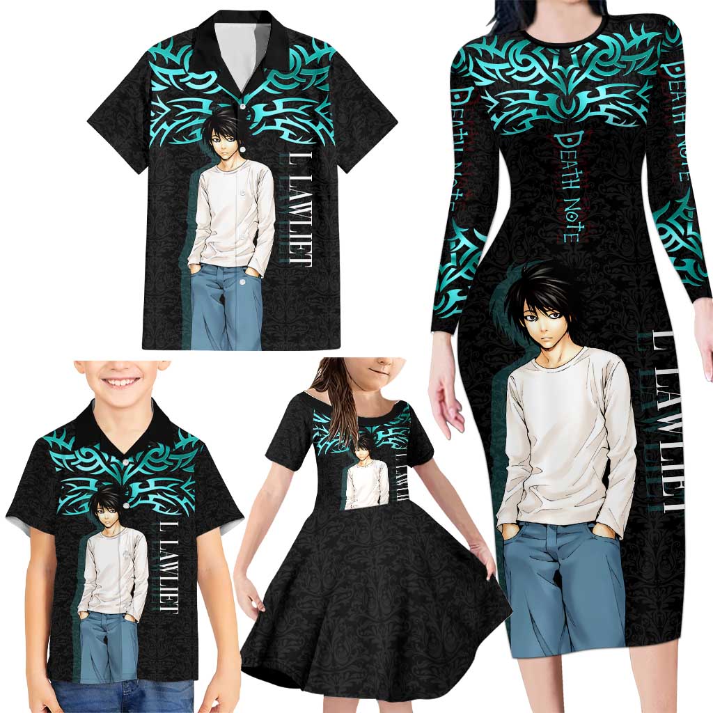 L Lawliet Death Note Family Matching Long Sleeve Bodycon Dress and Hawaiian Shirt Tribal Anime Fusion Style