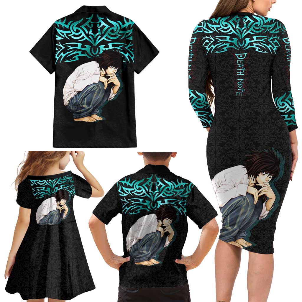 L Lawliet Death Note Family Matching Long Sleeve Bodycon Dress and Hawaiian Shirt Tribal Anime Fusion Style