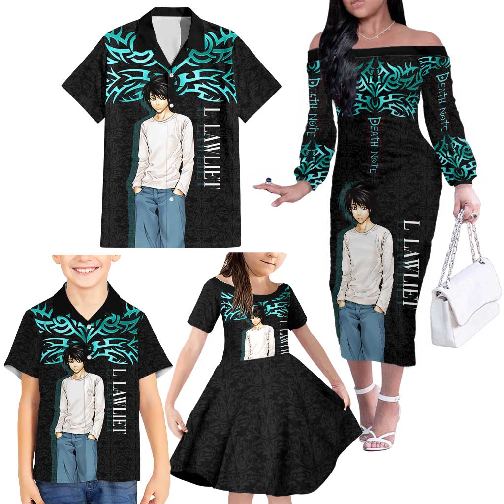 L Lawliet Death Note Family Matching Off The Shoulder Long Sleeve Dress and Hawaiian Shirt Tribal Anime Fusion Style