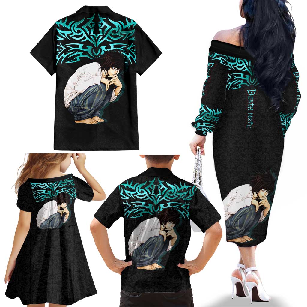 L Lawliet Death Note Family Matching Off The Shoulder Long Sleeve Dress and Hawaiian Shirt Tribal Anime Fusion Style