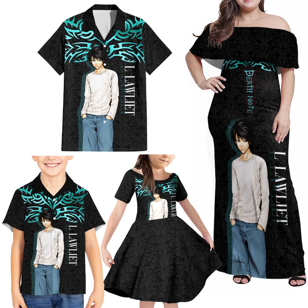 L Lawliet Death Note Family Matching Off Shoulder Maxi Dress and Hawaiian Shirt Tribal Anime Fusion Style