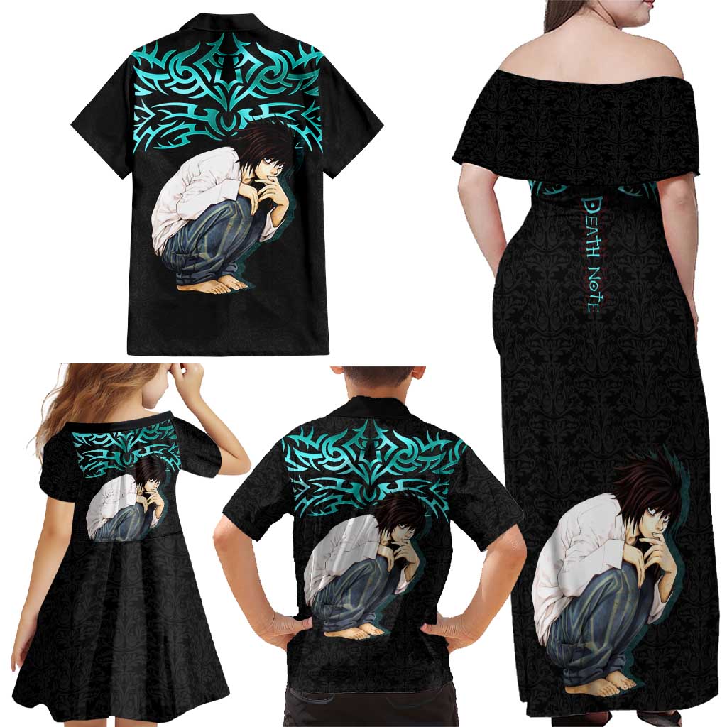 L Lawliet Death Note Family Matching Off Shoulder Maxi Dress and Hawaiian Shirt Tribal Anime Fusion Style