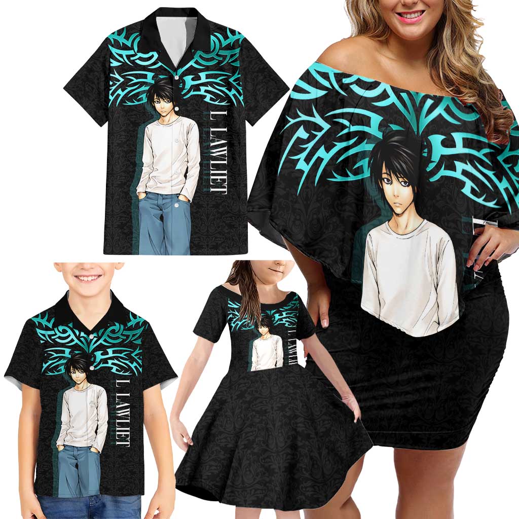 L Lawliet Death Note Family Matching Off Shoulder Short Dress and Hawaiian Shirt Tribal Anime Fusion Style