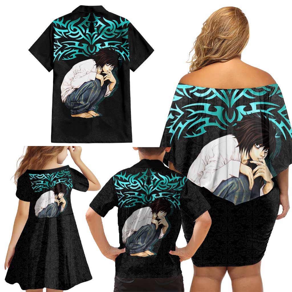 L Lawliet Death Note Family Matching Off Shoulder Short Dress and Hawaiian Shirt Tribal Anime Fusion Style