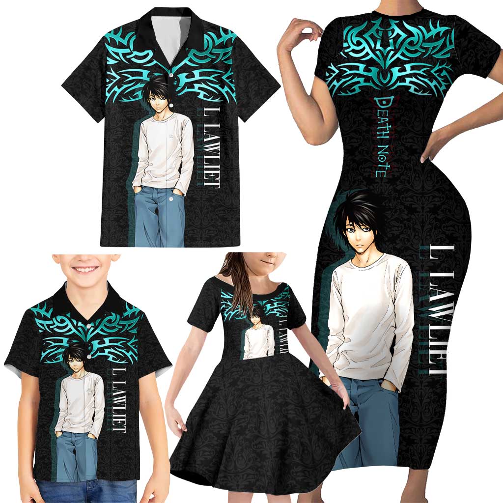 L Lawliet Death Note Family Matching Short Sleeve Bodycon Dress and Hawaiian Shirt Tribal Anime Fusion Style