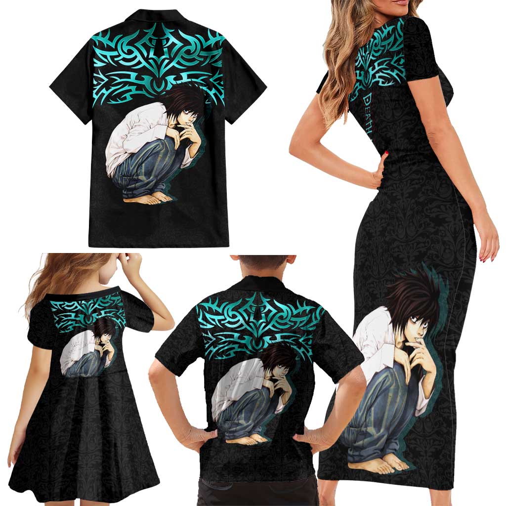 L Lawliet Death Note Family Matching Short Sleeve Bodycon Dress and Hawaiian Shirt Tribal Anime Fusion Style