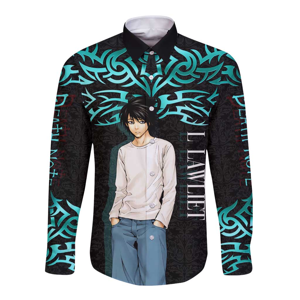 L Lawliet Death Note Long Sleeve Button Shirt Tribal Anime Fusion Style