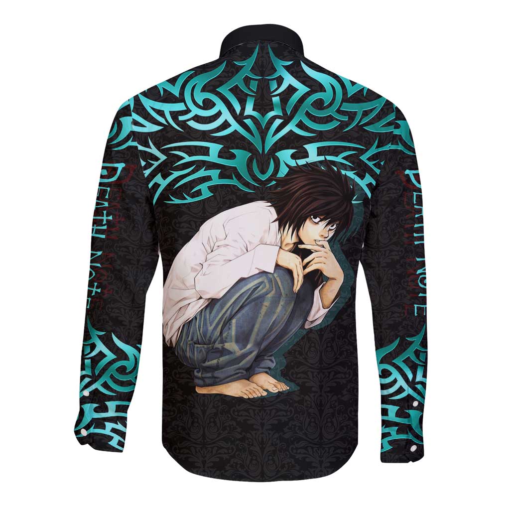 L Lawliet Death Note Long Sleeve Button Shirt Tribal Anime Fusion Style