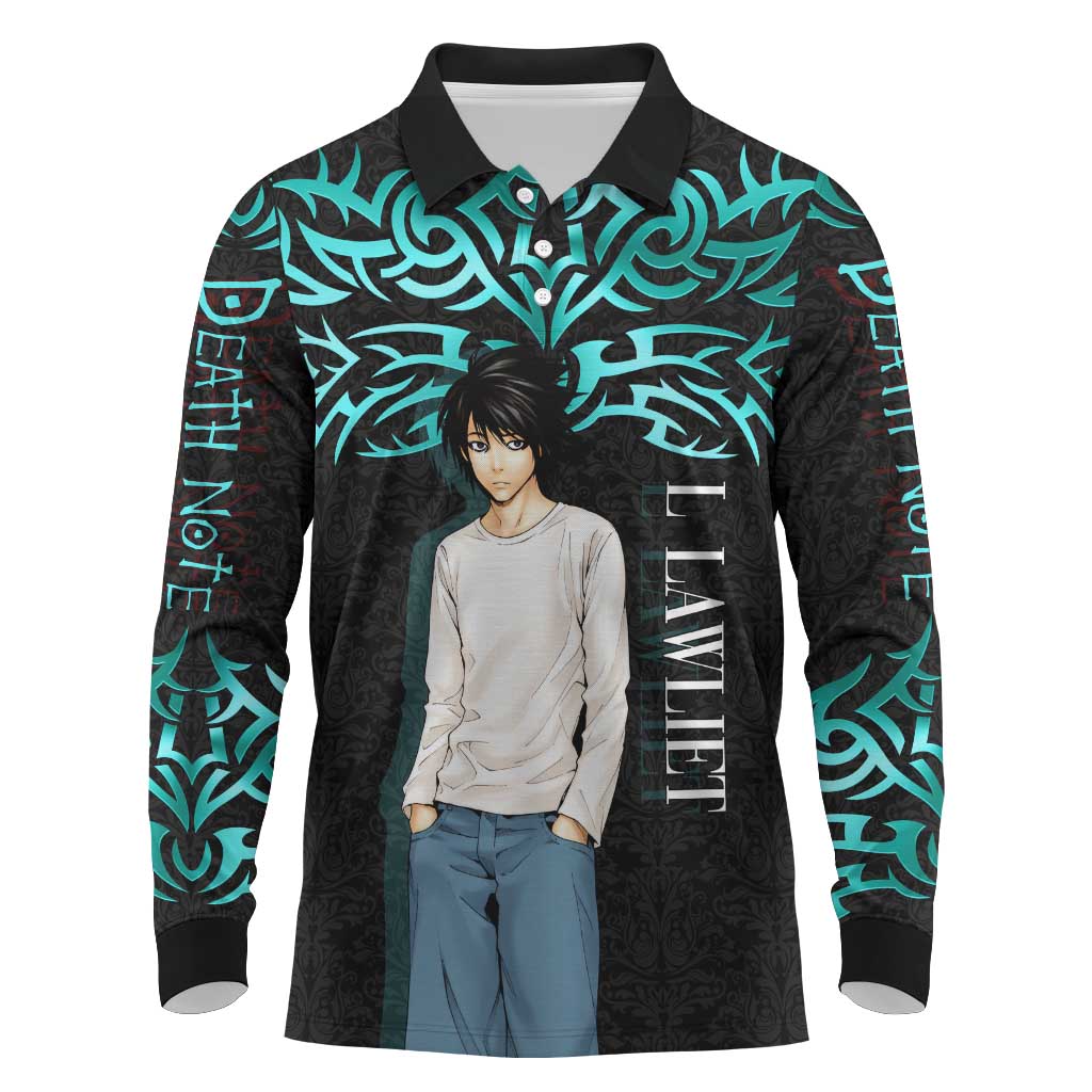 L Lawliet Death Note Long Sleeve Polo Shirt Tribal Anime Fusion Style