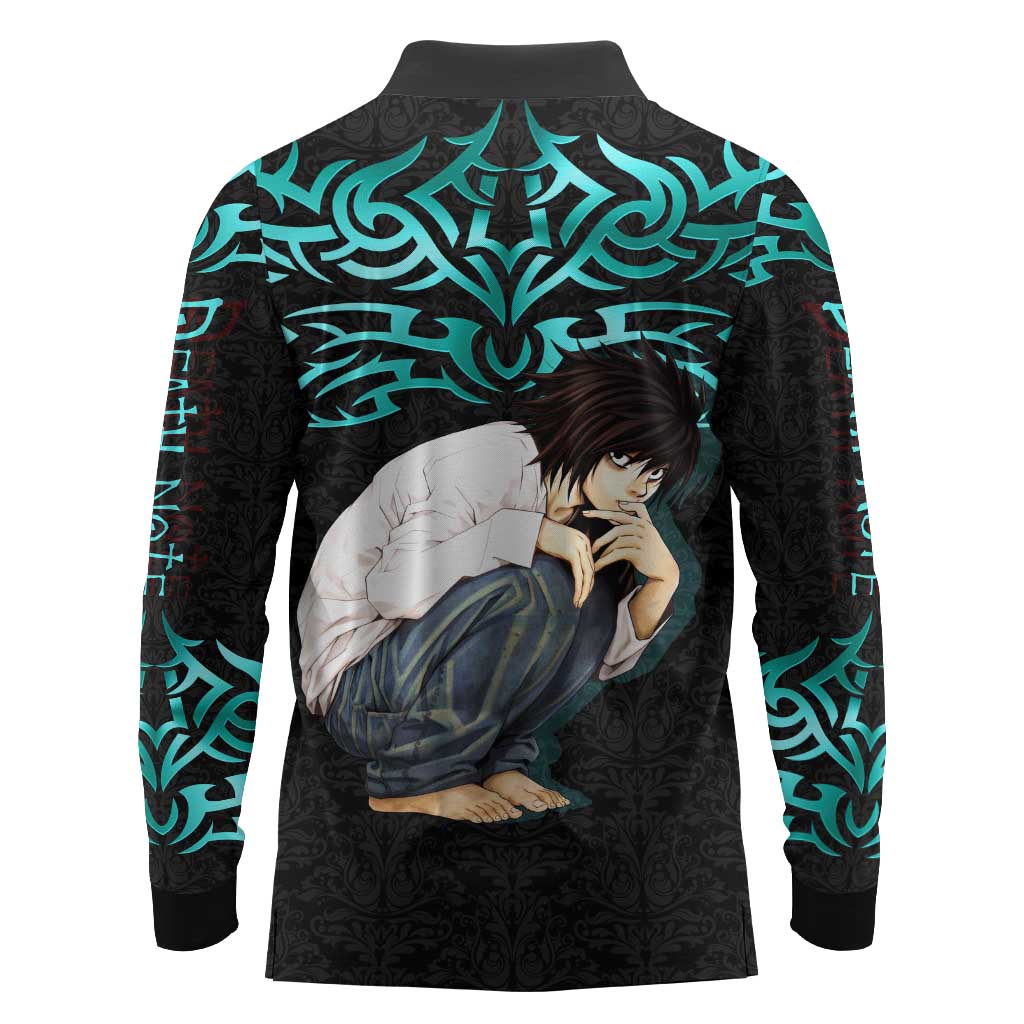 L Lawliet Death Note Long Sleeve Polo Shirt Tribal Anime Fusion Style