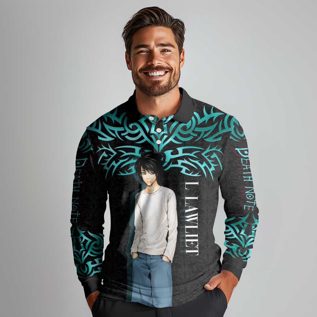 L Lawliet Death Note Long Sleeve Polo Shirt Tribal Anime Fusion Style