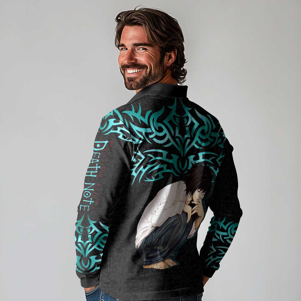 L Lawliet Death Note Long Sleeve Polo Shirt Tribal Anime Fusion Style
