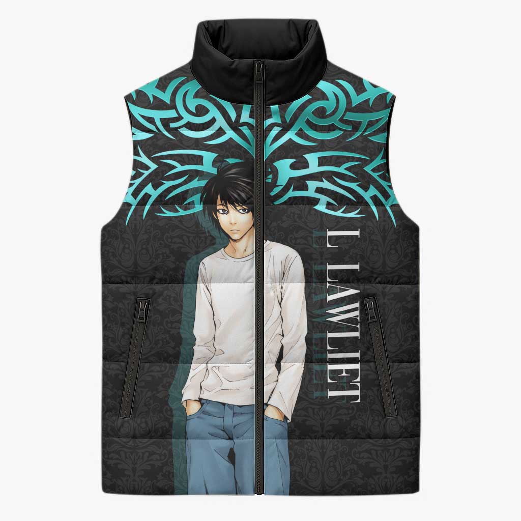 L Lawliet Death Note Sleeveless Puffer Jacket Tribal Anime Fusion Style