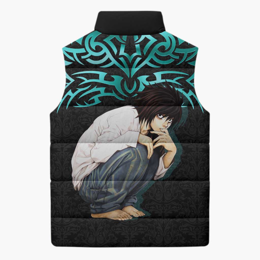 L Lawliet Death Note Sleeveless Puffer Jacket Tribal Anime Fusion Style