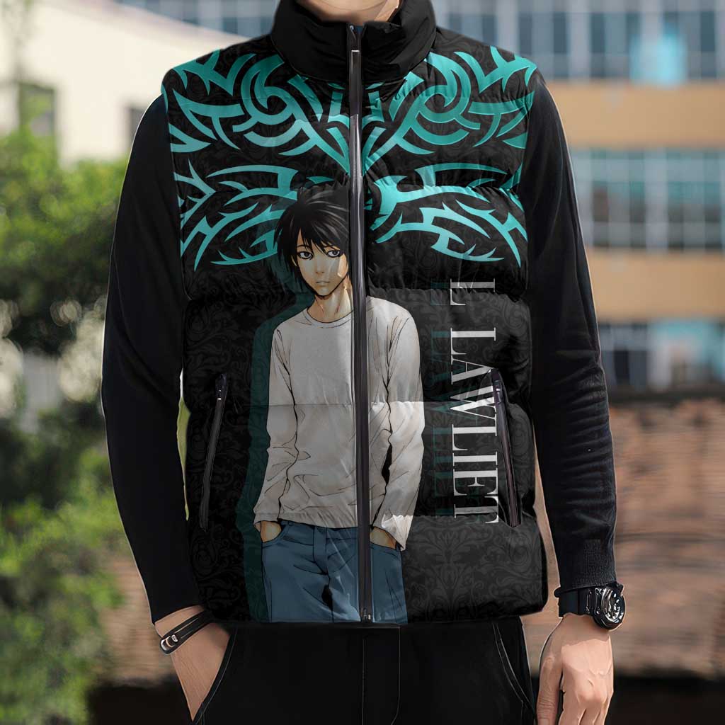L Lawliet Death Note Sleeveless Puffer Jacket Tribal Anime Fusion Style