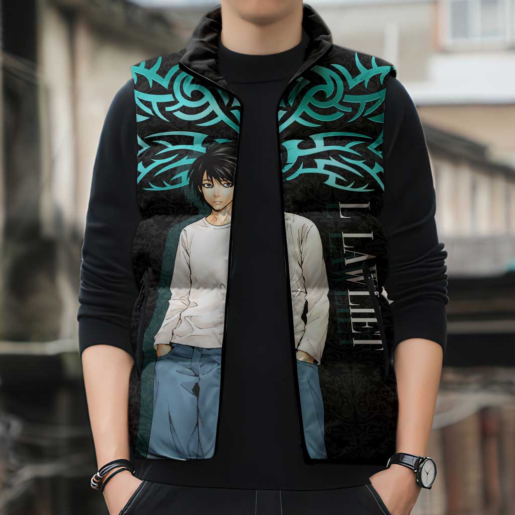 L Lawliet Death Note Sleeveless Puffer Jacket Tribal Anime Fusion Style