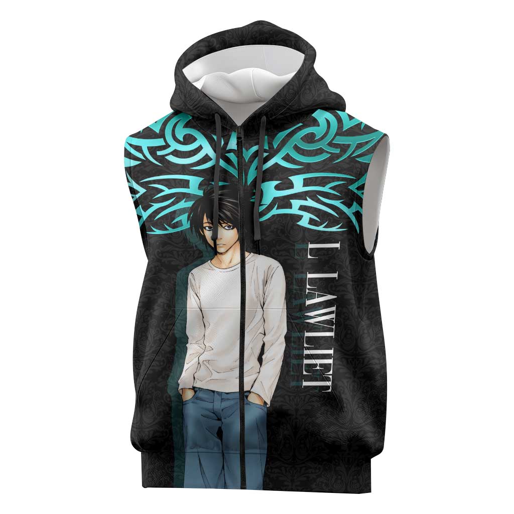 L Lawliet Death Note Sleeveless Zip Hoodie Tribal Anime Fusion Style