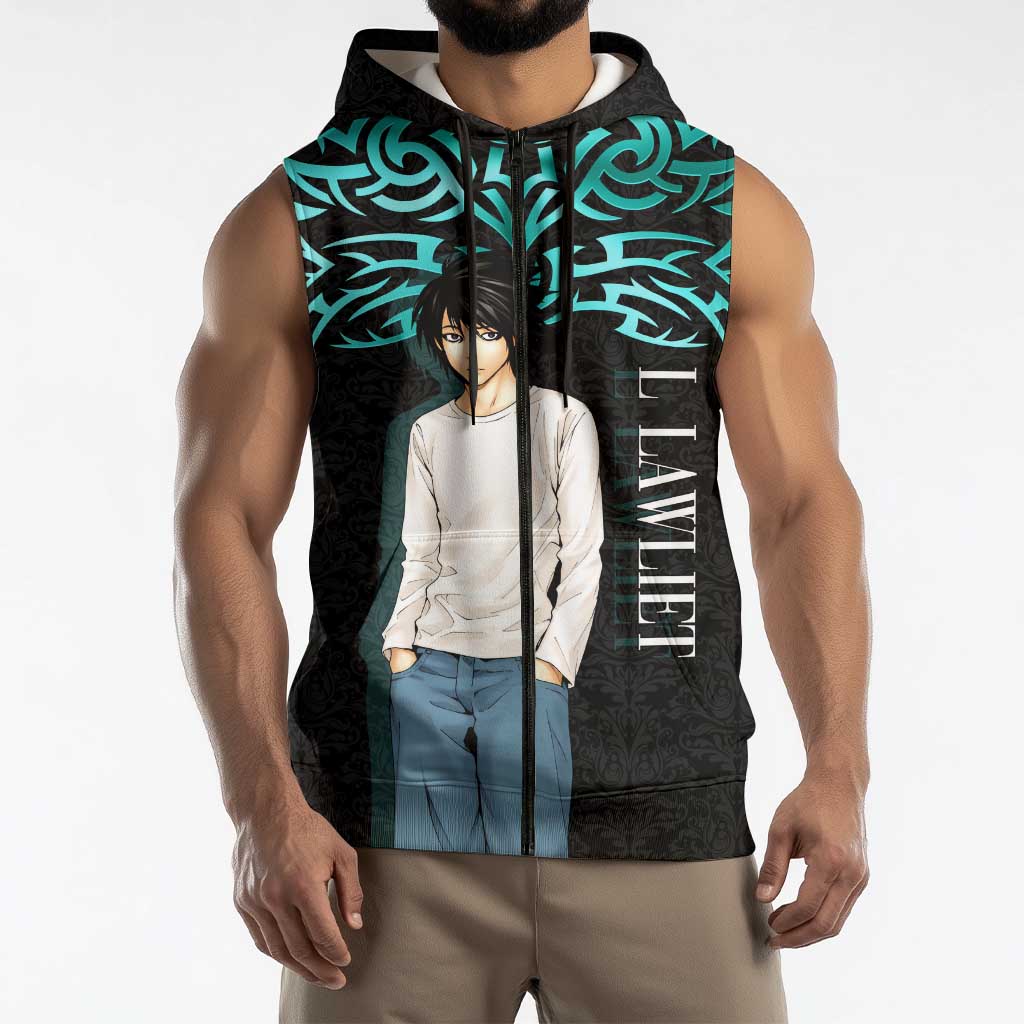 L Lawliet Death Note Sleeveless Zip Hoodie Tribal Anime Fusion Style