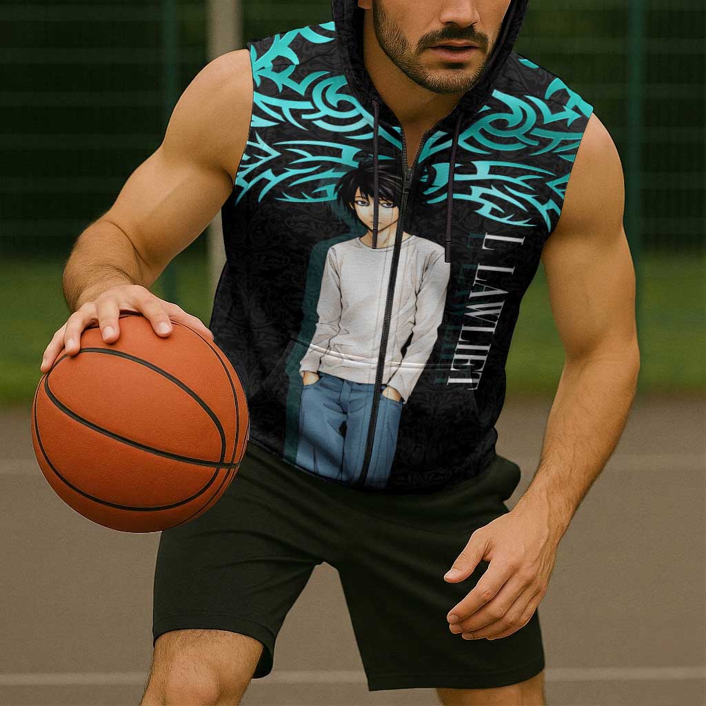L Lawliet Death Note Sleeveless Zip Hoodie Tribal Anime Fusion Style