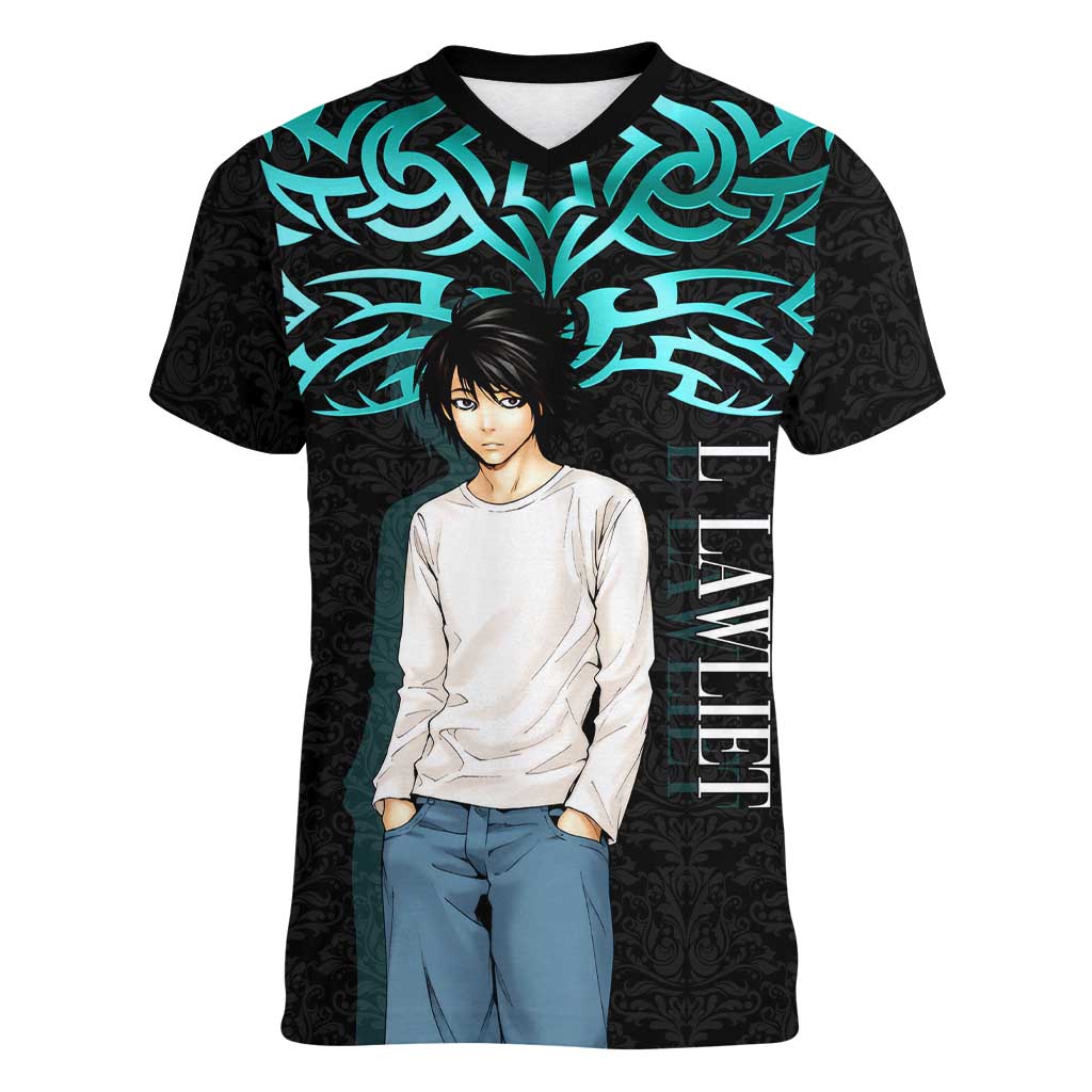 L Lawliet Death Note Women V-Neck T-Shirt Tribal Anime Fusion Style
