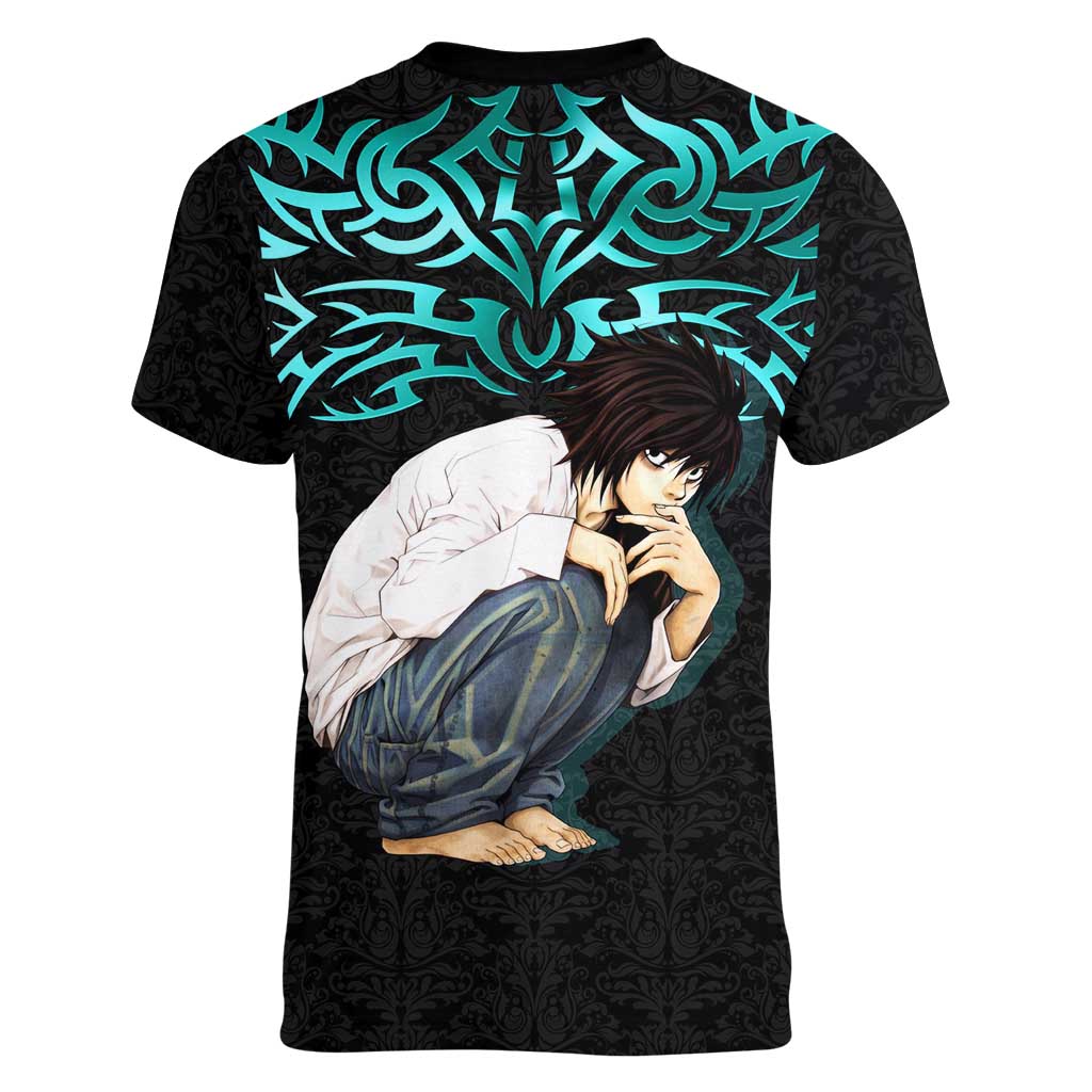 L Lawliet Death Note Women V-Neck T-Shirt Tribal Anime Fusion Style