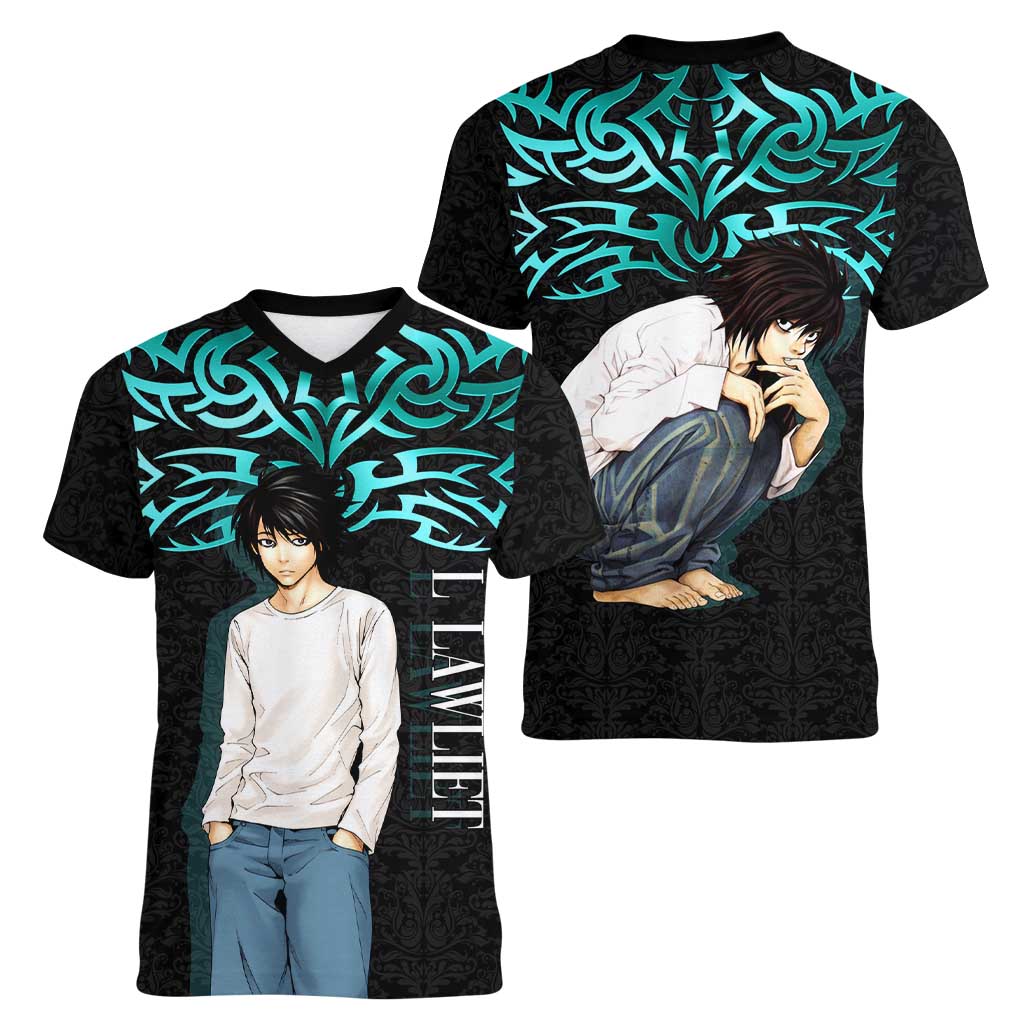 L Lawliet Death Note Women V-Neck T-Shirt Tribal Anime Fusion Style