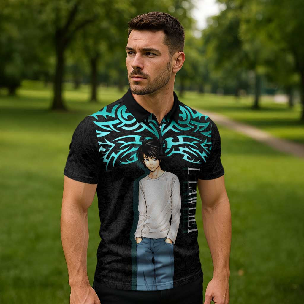 L Lawliet Death Note Zipper Polo Shirt Tribal Anime Fusion Style