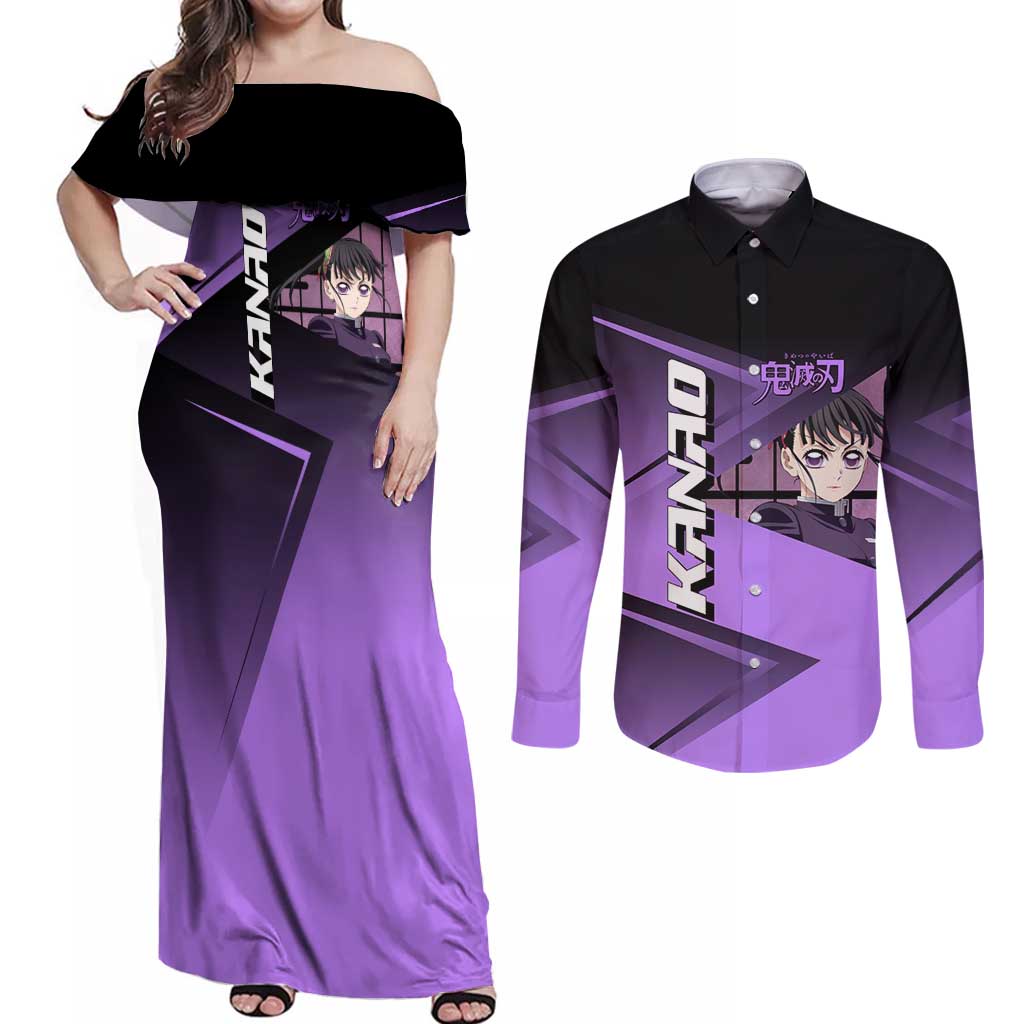 Kanao Tsuyuri Couples Matching Off Shoulder Maxi Dress and Long Sleeve Button Shirt Demon Slayer Tennis Crossover Style