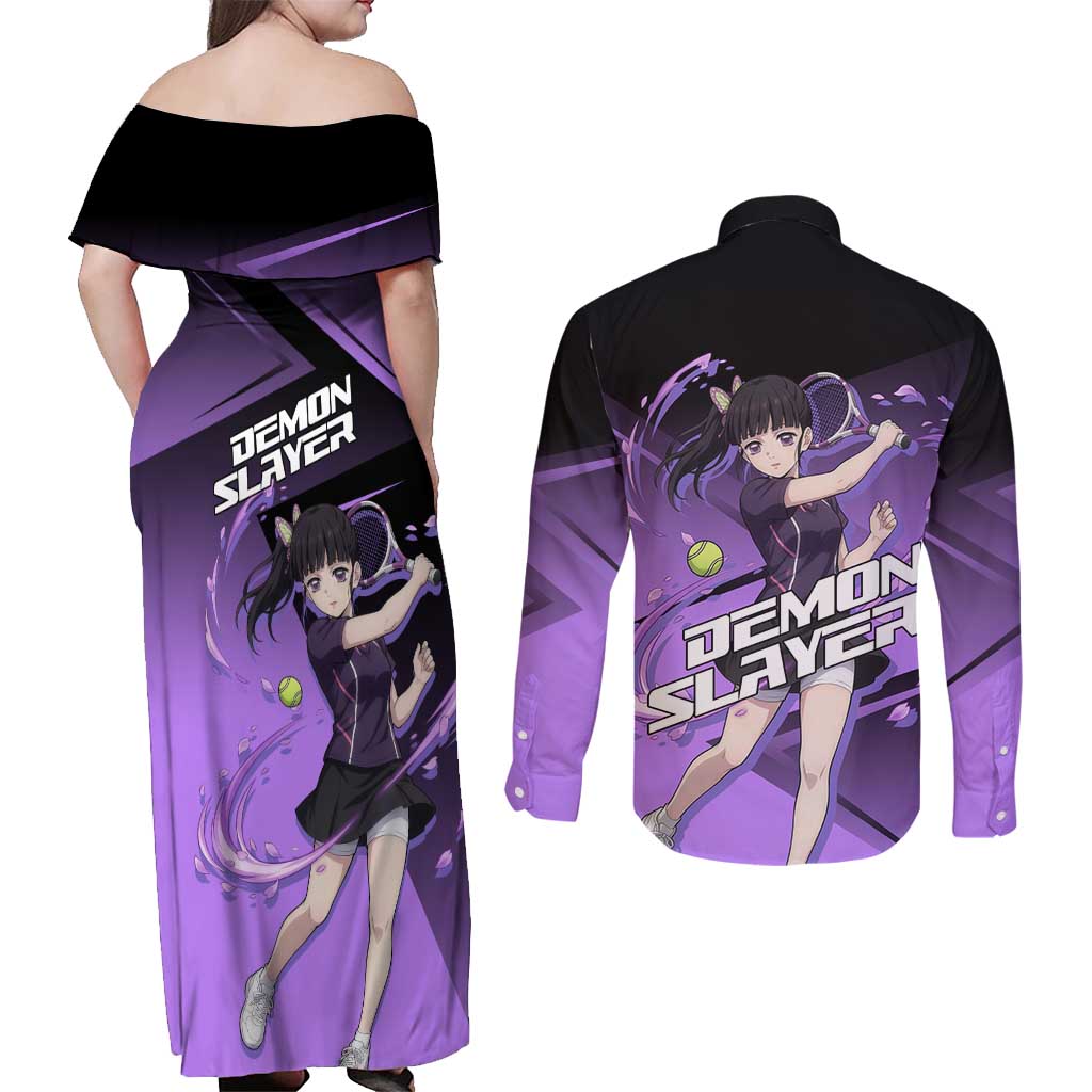 Kanao Tsuyuri Couples Matching Off Shoulder Maxi Dress and Long Sleeve Button Shirt Demon Slayer Tennis Crossover Style